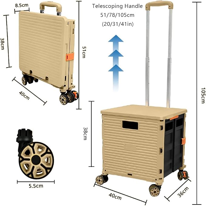 FELICON SELORSS Foldable Utility Cart Folding Portable Rolling Crate Handcart with Durable Heavy Duty Plastic Telescoping Handle Collapsible 4 Rotate Wheels for Travel Shop Move Luggage Office(Khaki