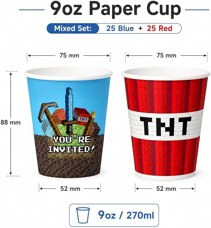 50Pcs Pixel Themed Paper Cups Disposable 9oz Paper Cups for for Sports Supplies Decorations Drinking for Birthday Party Favors