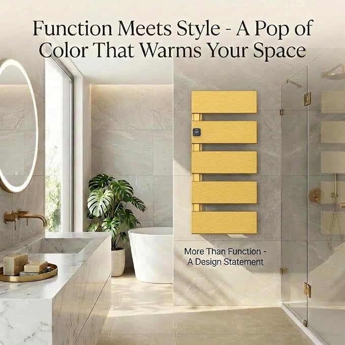 L Series Electric Towel Warmer for Bathroom, 5 Panel, Gold | Thermo Control and Timer, Fast Heat in 3 Mins, Dry Towels in 4 hrs, Memory Function, Work with Smart Plug, Left-Wiring