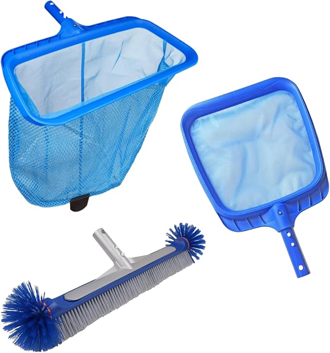 Poolvio Pool Skimmer Net, Pool Rake & Pool Round Brush (Blue)