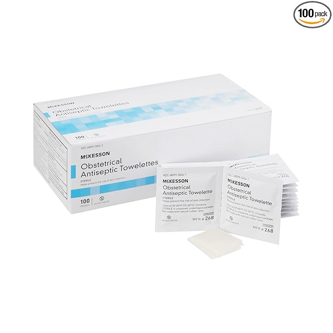 McKesson Obstetrical Antiseptic Towelettes Wipes, Sterile, Individual Packet, Clean Scent, 100 Count, 1 Pack