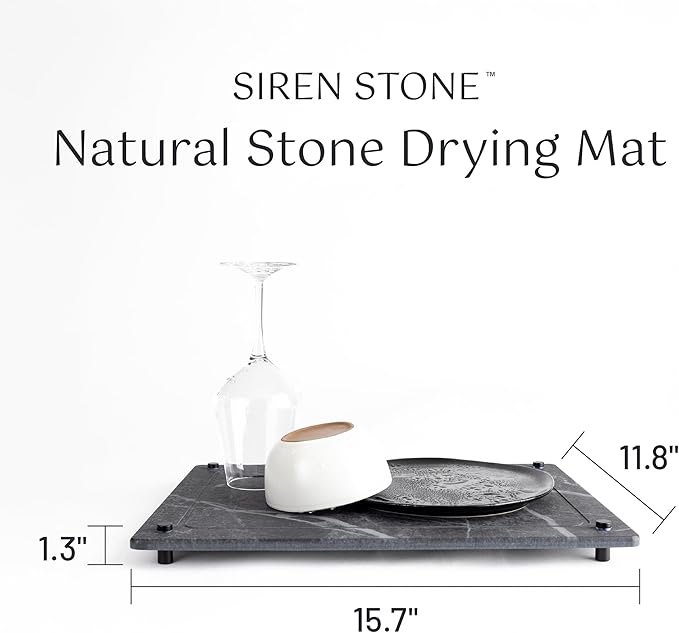 Natural Stone Dish Drying Mat, Standard Size, Slate Color - Diatomaceous Earth Kitchen Mat | Quick Drying, Non-Toxic, BPA-Free, Eco-Friendly | Female-Founded USA Brand (15.7"x11.8")