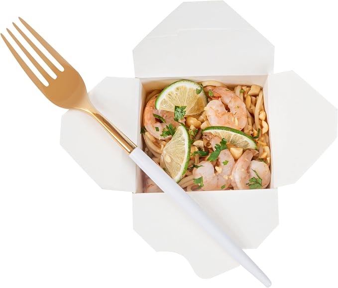 Restaurantware-Moderna 7.5 Inch Fancy Disposable Flatware, 50 Durable Plastic Flatware - With White Handle For Grip, Heavy-duty, Gold Plastic Forks, Easily Disposable Or Restaurants
