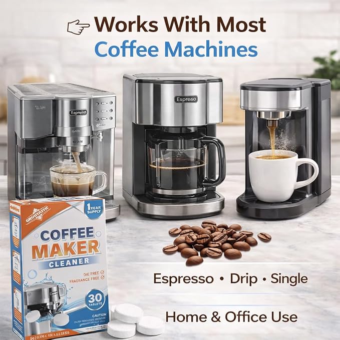 Coffee Machine Cleaner Tablets – Espresso & Coffee Maker Cleaning Tablets, Descaler & Residue Remover, Compatible with Keurig, Espresso Machines & Drip Coffee Makers (30 Count)