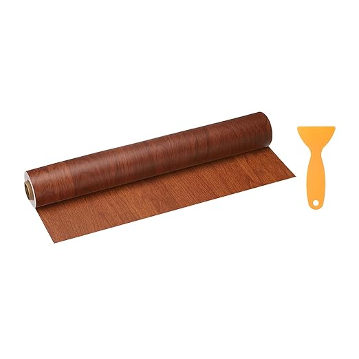 HARFINGTON Wood Grain Repair Tape 15.7 Inch x 33ft Self Adhesive Repair Patch Tape Simulated Wooden Floor Tapes with Plastic Scraper for Tables Doors Windows Furniture, Bright Brown Wood