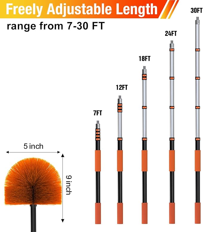 LAANPOLE 30FT Cobweb Duster with Extension Pole, Spider Web Brush for Cleaning Extendable, Professional Ceiling and Corner Dusters for Outdoor Indoor Use