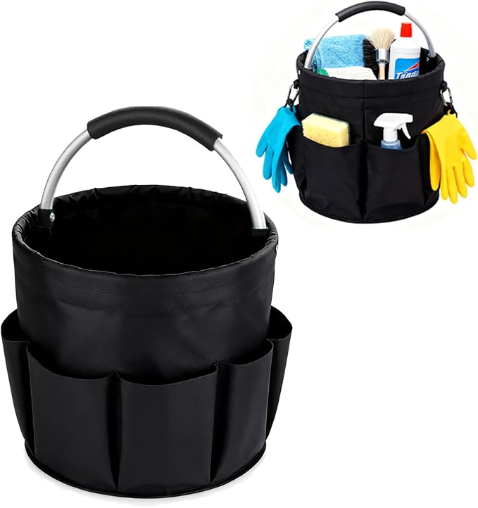 JINGYAN 17L Large Collapsible Folding Cleaning Caddy with Handle & 6 Side Pockets – Portable Waterproof Bucket Tote for Cleaning Supplies, Housekeeping, Laundry, Bathroom & Outdoor Storage