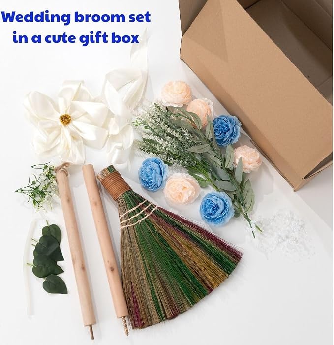 Elegant Wedding Brooms Bride Bridegroom, Jumping The Broom for Wedding, Natural Whisk Broom with Ribbons, Artificial Pearl, Leaves,Roses for Decorative
