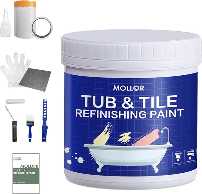 Tub and Tile Refinishing Kit with Tools, 35oz White Tile Paint Water Based & Low Odor, DIY Bathtub Paint, Easy to Use for Bathroom, Kitchen, Porcelain, Floor, Semi-Gloss White,50-60sq.ft
