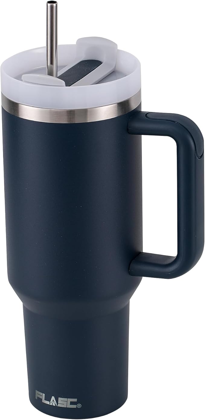 FLASC 40 oz Tumbler With Handle and Straw | 100% Leakproof Insulated Tumbler With Lid and Straw | Includes ALL Accessories: Stainless Steel Straw, Silicon Boot, Straw Cover & Cleaner (Stormey Sea)