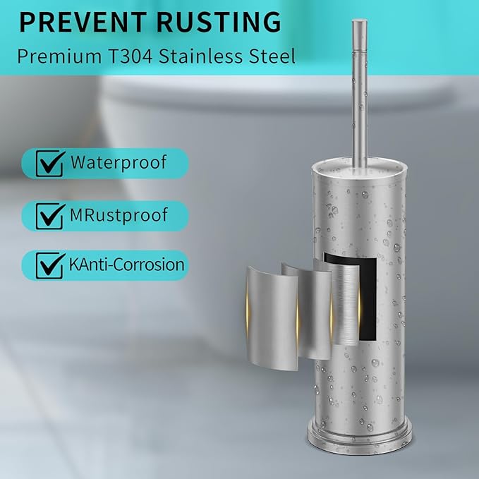 Brushed Nickel Toilet Brush and Holder Set,304 Stainless Steel Toilet Brush for Bathroom with Long Handle, Heavy Duty Toilet Bowl Brush,Removable Inner Bowl and Splash Protection,Deep Cleaning