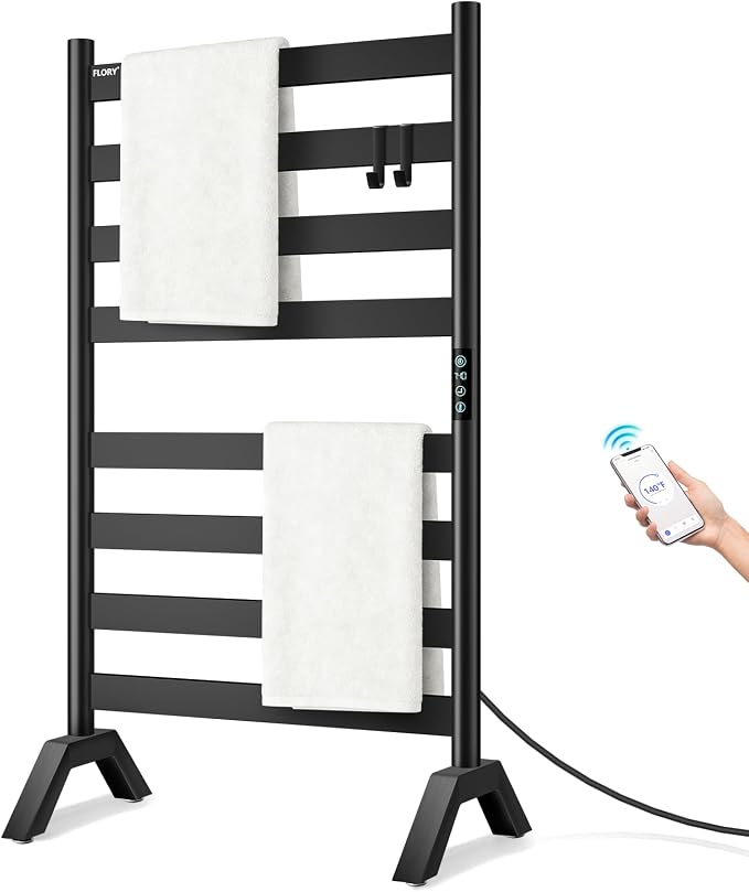 R FLORY Heated Towel Racks for Bathroom Freestanding & Wall Mounted, WiFi-Enable Electric Towel Warmer Rack, Extra-Wide Heating Area Fast Heating with Timer & Temperature Control, 8 Bars, Matte Black