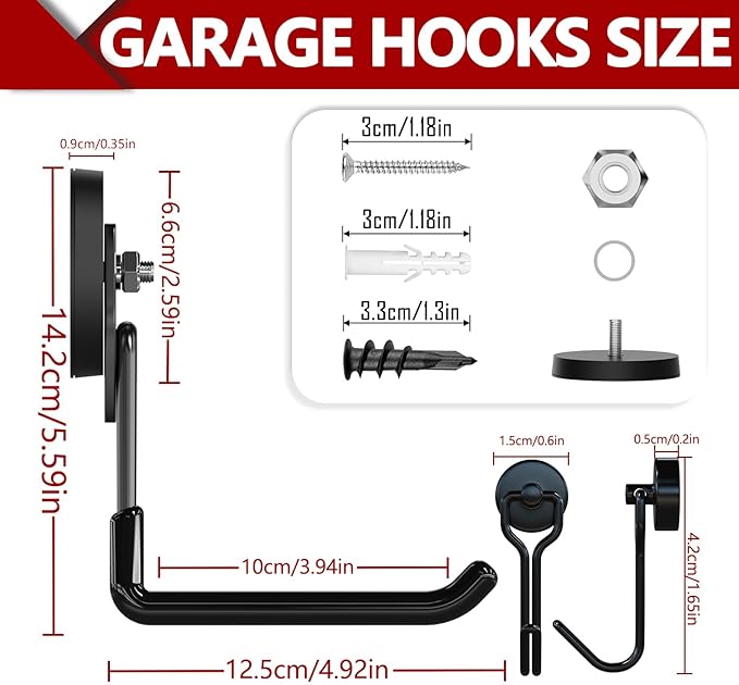 3-H Extra Strong Magnetic Hooks,Heavy Duty Large Anti-Slip Magnet Hooks U Shape,No-Drill Tool Holder for Garage,Power Drill,Garden Tools,Hose Storage,4 Pack Black