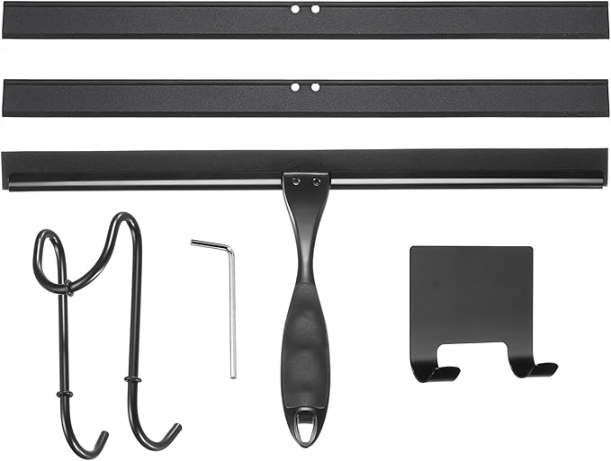 uxcell 14 Inch Shower Squeegee for Glass Doors, Stainless Steel All-Purpose Bath Squeegee with Hooks Holder Square Sticky Hook for Bathroom Window Mirror Car Glass, Black