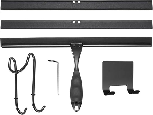 uxcell 14 Inch Shower Squeegee for Glass Doors, Stainless Steel All-Purpose Bath Squeegee with Hooks Holder Square Sticky Hook for Bathroom Window Mirror Car Glass, Black