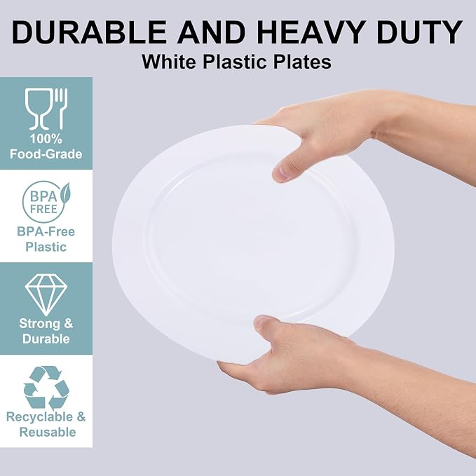 I00000 60Pcs White Plastic Dinner Plates 10 Inch, Premium Disposable Party Plates, Safe and Reusable, Heavy Duty Plastic Plates Perfect for Wedding Party