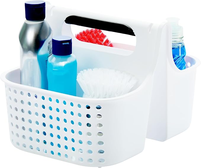 madesmart Large Portable Shower Tote, Plastic Bathroom Organizer Basket with Soft Grip Handle, Dorm Shower Caddy, Shampoo and Soap Holder, Cleaning Supplies Organizer, White