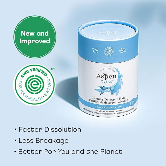 AspenClean | Laundry Pods | Unscented | Clean Detergent for Sensitive Skin | Zero Plastic | Non - Toxic | 100% Natural | EWG Verified - 36 Count (3 Pack)