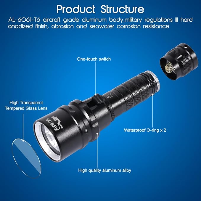 APLOS AP20 Scuba Dive Light - 2000 Lumens Scuba Diving Flashlight, IPX8 Waterproof Underwater Torch with Rechargeable Battery and Charger