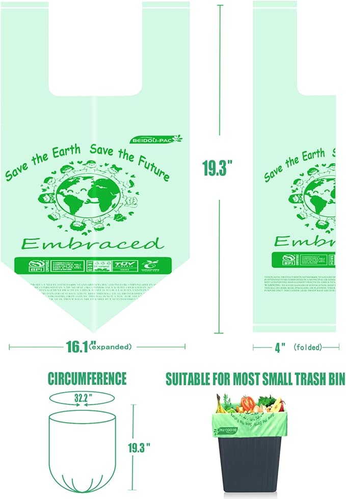 BEIDOU-PAC 1.6 Gallon Compostable Trash Bags with Handle, 250 Count Small Compost Bags, Biodegradable Kitchen Garbage Bags, Food Scrap Waste Bags for Countertop Bin, ASTM D6400, US BPI Certified