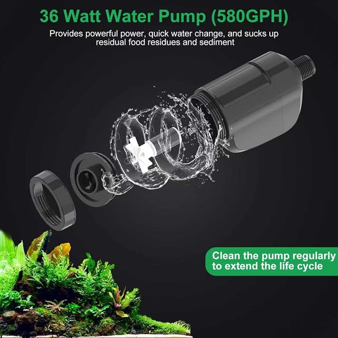 Electric Aquarium Gravel Cleaner,Strong Flow, Multifunctional Water Changer & Filter, Adjustable Silent Motor, Telescopic Tube for Low Water Level & All Tanks（36W,580GPH