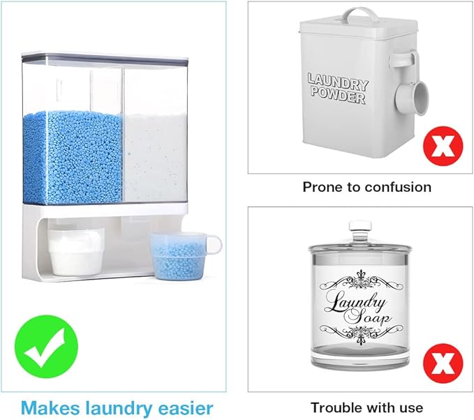 Laundry Detergent Dispenser, Wall Mounted Laundry Scent Boosters Beads Dispenser with 2 Cups, Suitable for Storing Rice, Beans, Stain Remover Powder, Laundry Beads Container (105 oz)