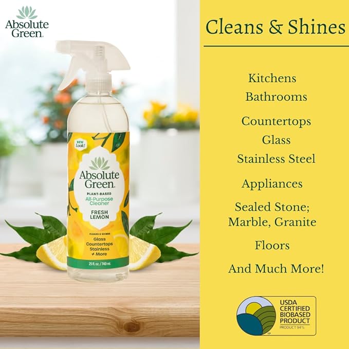 Absolute Green All Purpose Cleaner Spray, Non-Toxic, Kitchen, Bath, Countertop, Stainless, Safe around Kids + Pets, Natural Lemon Scent, 25 oz (2 Pack)