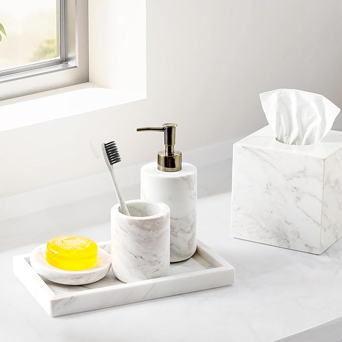WORHE Bathroom Accessories Set Italy Natural Marble Bathroom Decor Set 3-Piece Bath Accessory Kit with Toothbrush Holder Liquid Soap Dispenser and Sponge Dish Tray Set Color White (WH054)