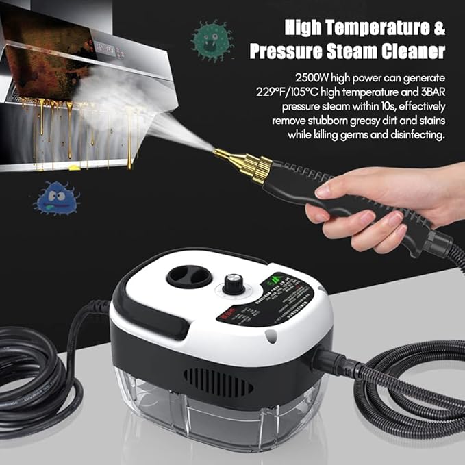 Portable Steam Cleaner, 2500W High Temperature Pressurized Steam Cleaner for Deep Cleaning Floors, Car, Upholstery, Bathroom, Windows and More