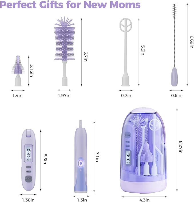 Electric Bottle Brush Cleaner,Rechargable Electric Baby Bottle Brush Cleaner with Thermometer,Silicone Bottle/Nipple/Straw Brush,Drying Rack,Travel Bottle Cleaner Kit for New Moms (Violet)