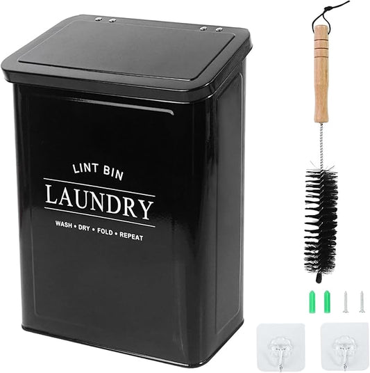 DreamsEden Laundry Lint Bin with Brush, Magnetic Wall Mount Container, 7 x 10 inch Steel Lint Collector 3.5L Storage Holder Organizer for Dryer Sheets Wool Balls Laundry Pods (Black)