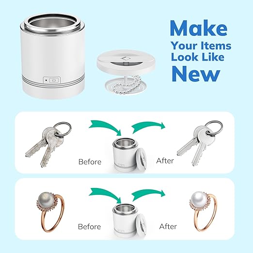 LifeBasis Ultrasonic Jewelry Cleaner, Portable Ultrasonic Cleaner 7.4 OZ (220ML) 42kHz Ultrasonic Retainer Cleaner Machine for Denture Retainer Aligner Jewelry Coins - White