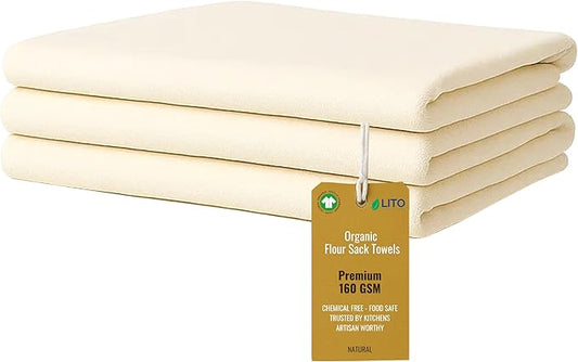 Flour Sack Towels | Tea Towel for Crafts| Kitchen Dish Cotton Blank Towel for Embroidery| Baking Bread Proofing Linen Cover| Super Absorbent Quick Dry| 3 Pack 28"x28" Natural