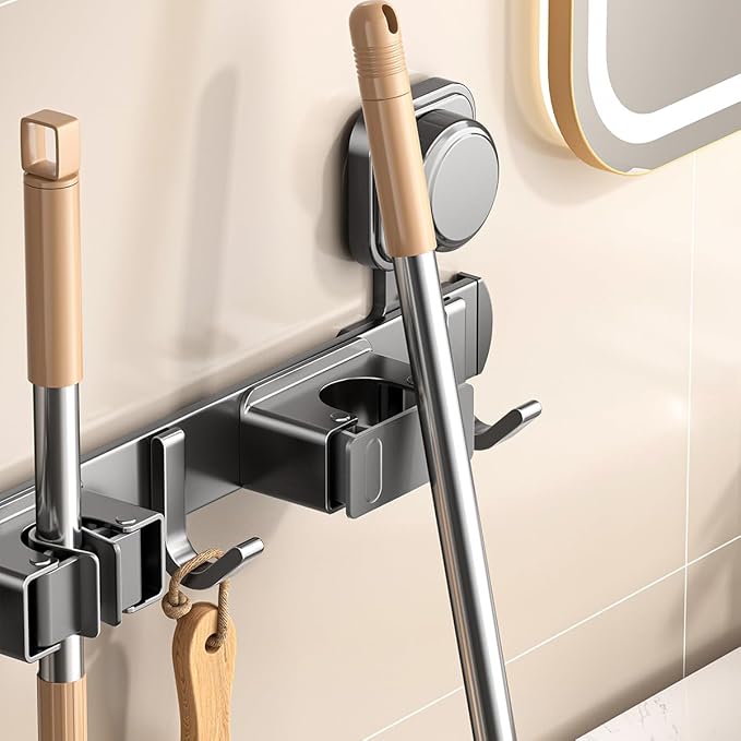 AmoiChic Wall Mount Broom and Mop Holder, Rectangular, Aluminum, Heavy Duty Storage Organizer with Hooks and Slots, Modern Style, for Home, Garage, Kitchen, Laundry, 19.6x 4.9 Inches, Gray