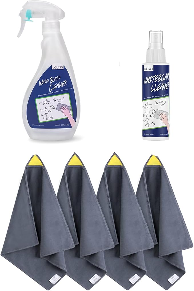 loukin Whiteboard Accessories Bundle | Magnetic Whiteboard Cleaning Cloth 4 Pack & Non-Toxic Whiteboard Cleaner (3.4 fl oz) & Non-Toxic Whiteboard Cleaner (17 fl oz)