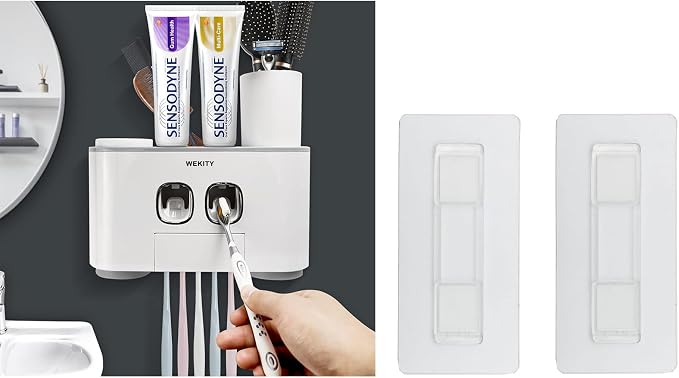 Toothbrush Holder Wall Mounted, WEKITY Multi-Functional Toothbrush and Toothpaste Dispenser for Bathroom, with 5 Toothbrush Slots and 4 Wall Adhesives, 2 Toothpaste Squeezers and 4 Cups