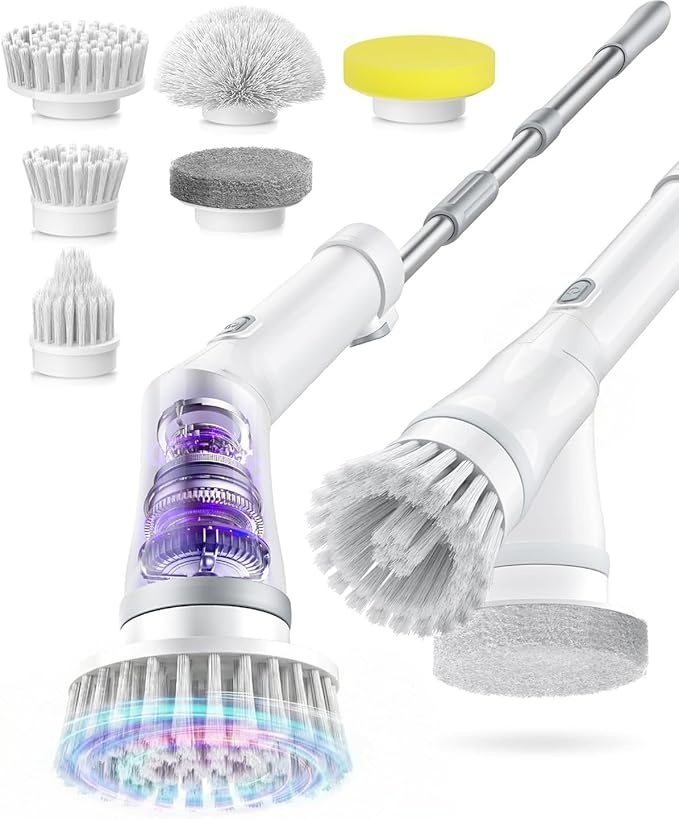 6-in-1 Electric Spin Scrubber, Cordless Power Scrubber with 47.2" Long Extendable Handle, 2-Speed Scrub Brush with Cleaning Scouring Pads, IPX7 Waterproof for Tile & Floor Cleaning, White-qb2