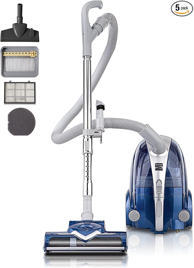 Kenmore Pet-Friendly Lightweight HEPA Canister Vacuum with Variable Modes, Retractable Cord, and Pet Brush - Blue