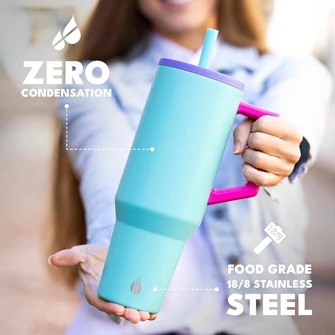 Elemental 40 oz Tumbler with Handle and Straw - Spill Proof Insulated Stainless Steel Commuter for Cold Beverages - Travel Coffee Mug with 2 Straws & Spill Proof Lid - 40oz - Blue Tie Dye