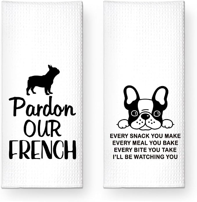 I'll be Watching You Kitchen Towels 2 Pack, Bulldog Lover Kitchen Decor, Dog Owner Gifts, Christmas Birthday Gifts for Mom Hostess Bulldog Lover Friend, Funny Dish Towels with Sayings