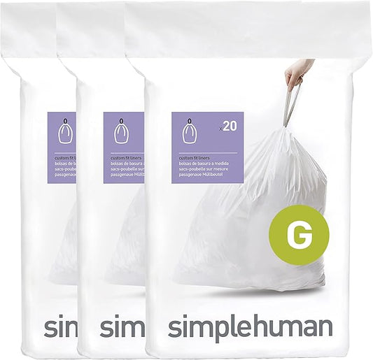 simplehuman Code G 60 Count, Dispenser Pack Custom Fit Liners, Drawstring Trash Bags, 30 Liter / 8 Gallon, White
