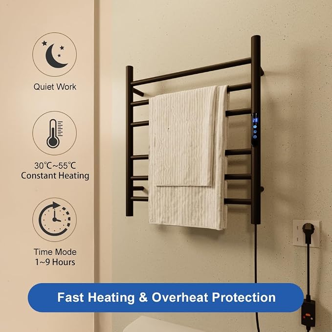 KWW Heated Towel Rack, Remote Control with APP Tuya, Towel Warmer with Timer, Wall Mounted Hot Towel Warmer for Bathroom (Matte Black, 5 Bars)