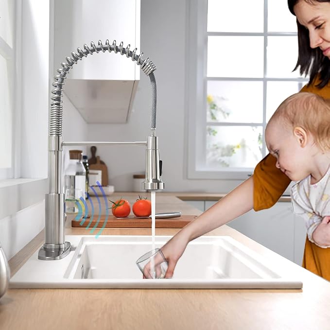 Touchless Kitchen Faucet with Pull Down Sprayer LED Light Single Handle Kitchen Sink Faucet Motion Sensor Smart Hands-Free, Stainless Steel Brushed Nickel 1080SN
