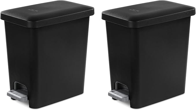 Sterilite 2.7 Gallon Rectangular StepOn Wastebasket with Lid, Small Plastic Trash Can for the Bathroom, Bedroom or Home Office, Pedal and Liner, Black, 2-Pack