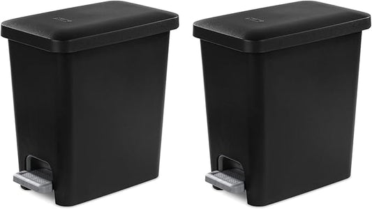 Sterilite 2.7 Gallon Rectangular StepOn Wastebasket with Lid, Small Plastic Trash Can for the Bathroom, Bedroom or Home Office, Pedal and Liner, Black, 2-Pack