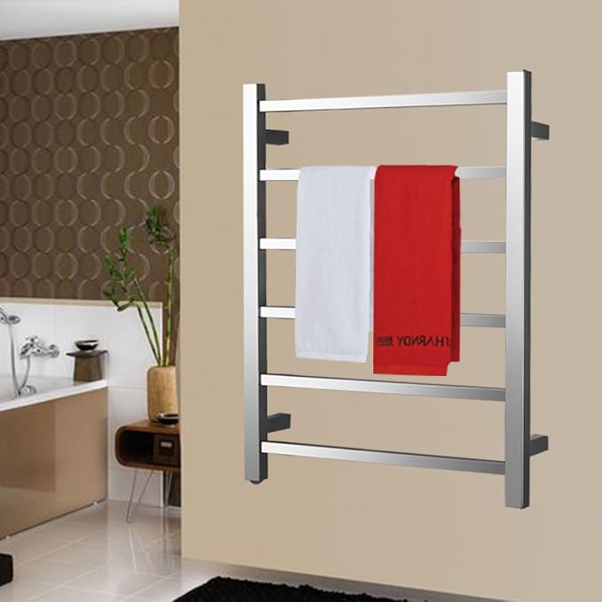 Towel Warmer Polished Chrome for Bathroom Wall Mounted Bath Towel Heater Plug-in Square 6 Bars Drying Rack Stainless Steel Electric Heated Towel Rack ETW13 68W 26.77x20.47x4.13 inches