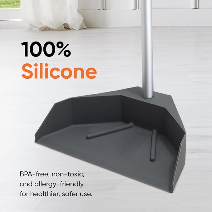 Superio Silicone Dust Pan with 35" Aluminum Long Handle & 16 Pet Hair Remover Silicone Broom - Lobby Dustpan Stand-Up & Carpet Rake Set for Hardwood, Tile, and Rugs - Gray