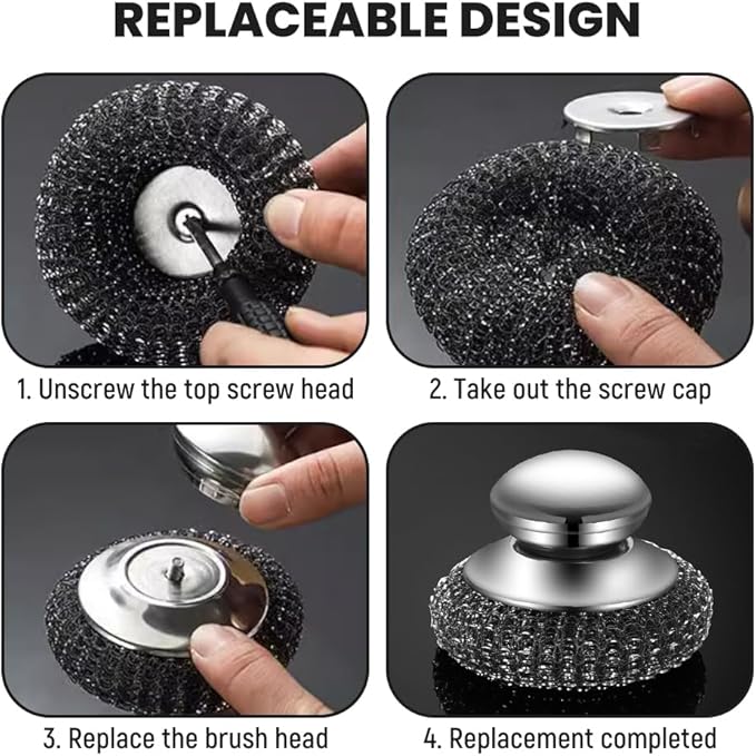 Steel Wool Scrubber with Handle, Upgrade Heavy Duty Stainless Steel Dish Scrubber for Cleaning Dishes, Iron Pots, Stoves, Kitchen Sink (2 pcs)