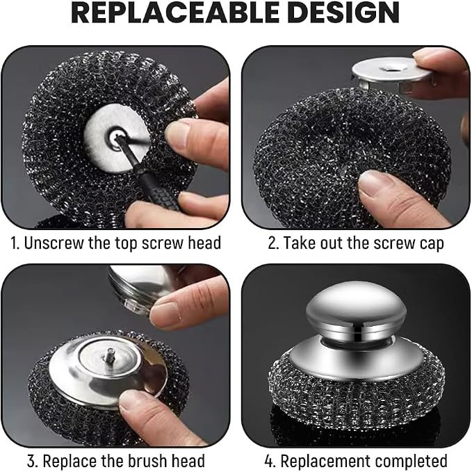 Steel Wool Scrubber with Handle, Upgrade Heavy Duty Stainless Steel Dish Scrubber for Cleaning Dishes, Iron Pots, Stoves, Kitchen Sink (3 pcs)