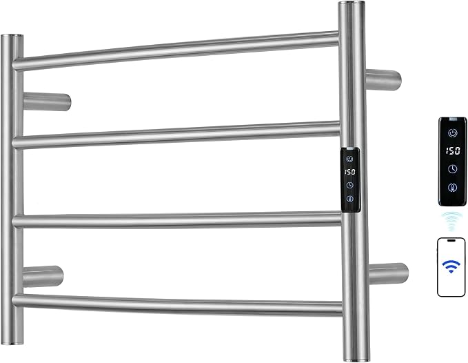 Electric Towel Rack with Voice Control for Alexa & Google Home,TUYA - Wall-Mounted Bathroom Heating Towel Warmer,Plug-in,Stainless Steel Material,16.54x23.62x5.51 in,Brushed，4 Bars